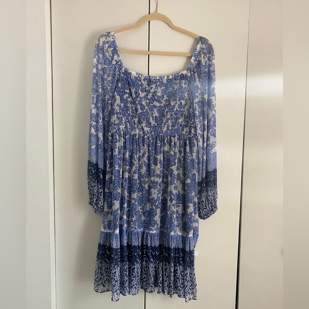 Blue Patterned Long-Sleeve Knee Length Dress